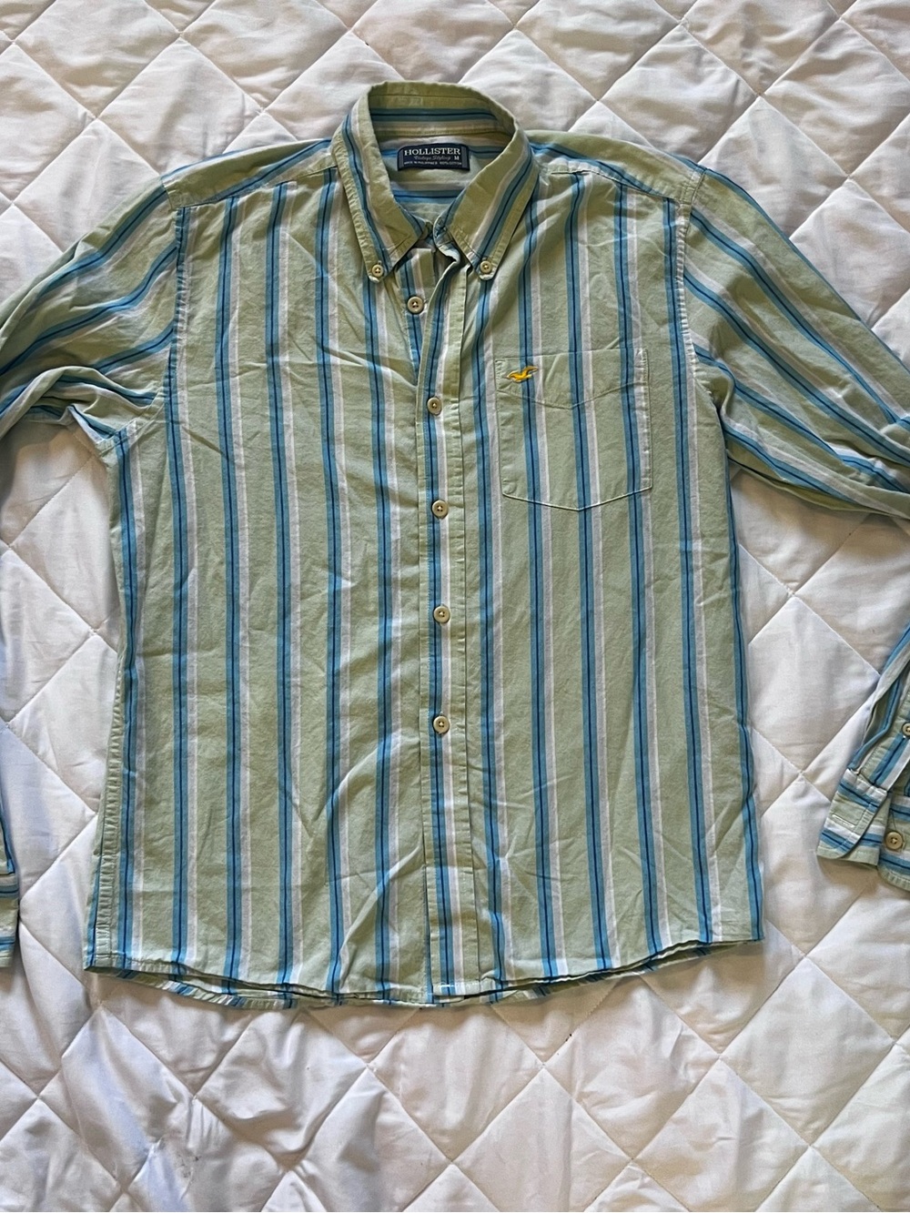 Hollister Light Green and Blue Vertical Stripe Button-Down Shirt